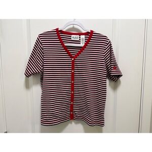 Russ Liz Claiborne Red White Blue Striped Button Front Short Sleeve Top Small